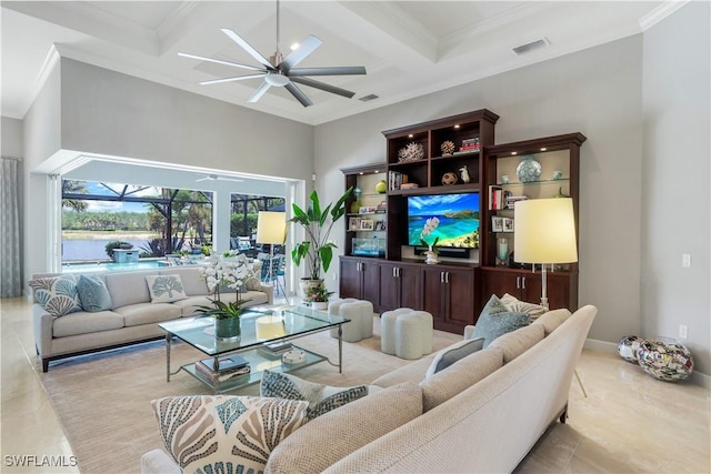 9052 Graphite Cir, Naples, FL 34120 - living room featuring coffered ceiling, ceiling fan, tile patterned flooring, crown molding, and a sunroom