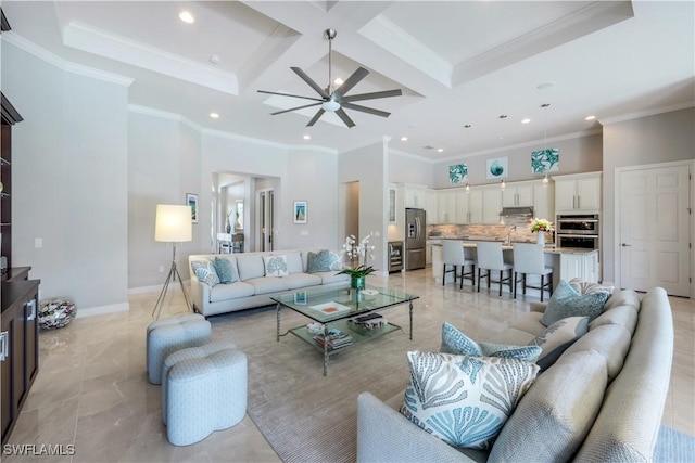 9052 Graphite Cir, Naples, FL 34120 - living area featuring recessed lighting, ceiling fan, coffered ceiling, crown molding, and beam ceiling