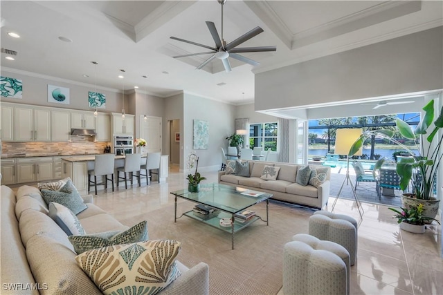 9052 Graphite Cir, Naples, FL 34120 - living room with coffered ceiling, a towering ceiling, light tile patterned floors, recessed lighting, and crown molding