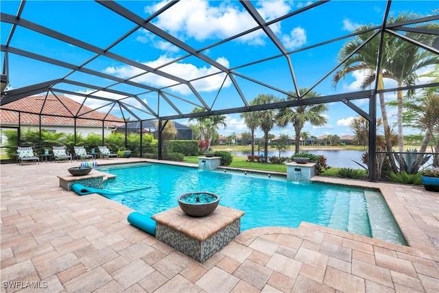 9052 Graphite Cir, Naples, FL 34120 - outdoor pool featuring a patio, a water view, and glass enclosure
