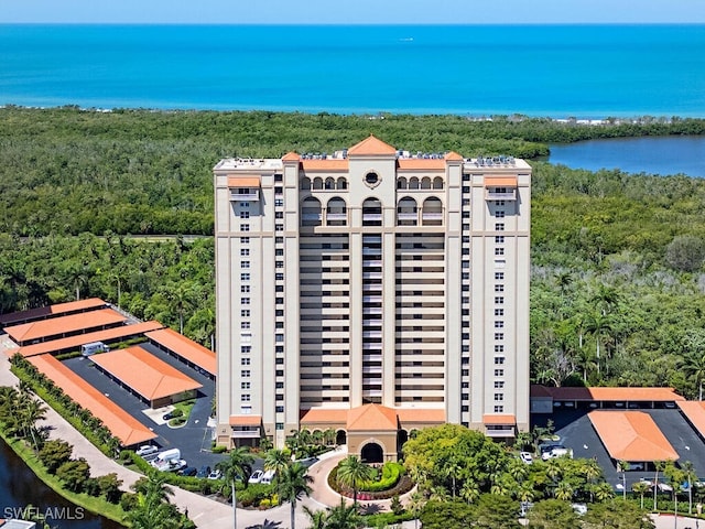 bird's eye view featuring a water view and a view of trees