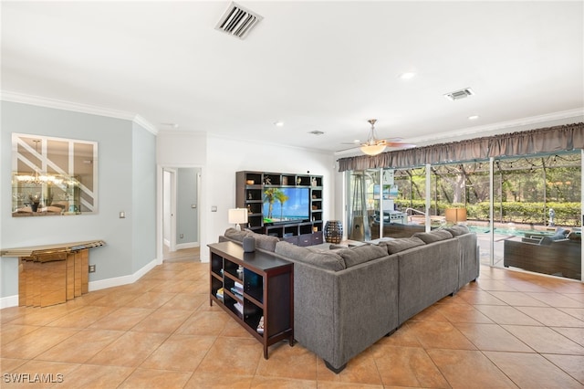9890 Rookery Cir, Estero, FL 33928 - living room featuring light tile patterned floors, crown molding, a ceiling fan, and visible vents