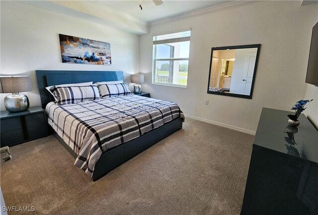 bedroom featuring crown molding, carpet flooring, ceiling fan, and baseboards