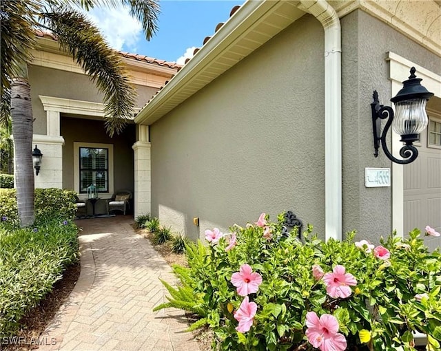 entrance to property with stucco siding