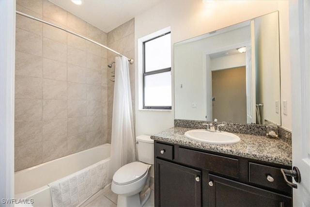 bathroom featuring vanity, shower / bathtub combination with curtain, tile patterned floors, and toilet
