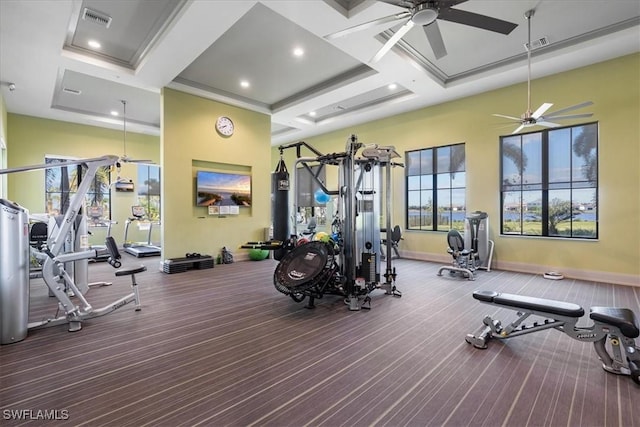gym featuring ceiling fan, visible vents, and coffered ceiling
