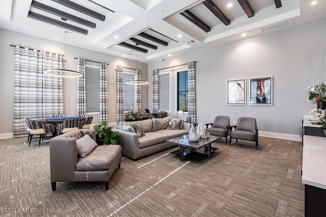 living room featuring coffered ceiling, baseboards, beamed ceiling, and carpet flooring