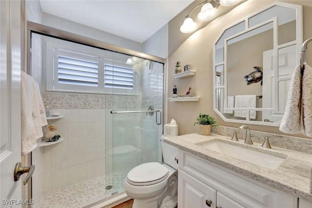 bathroom featuring vanity, a stall shower, and toilet