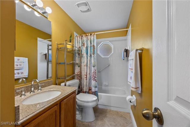 bathroom featuring toilet, tile patterned flooring, shower / bath combo with shower curtain, and vanity