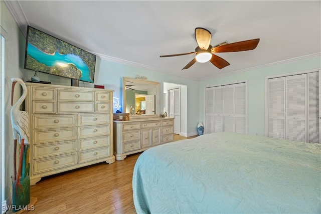 bedroom with light wood-type flooring, ceiling fan, two closets, and crown molding