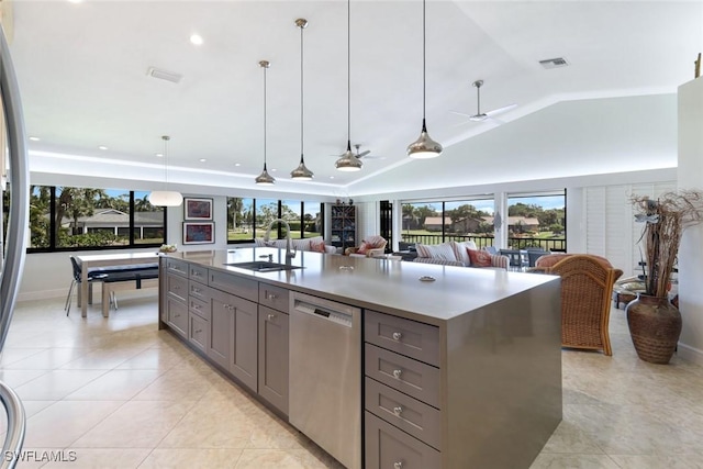 16591 Waters Edge Ct, Fort Myers, FL 33908 - kitchen featuring gray cabinetry, a healthy amount of sunlight, a sink, and dishwasher
