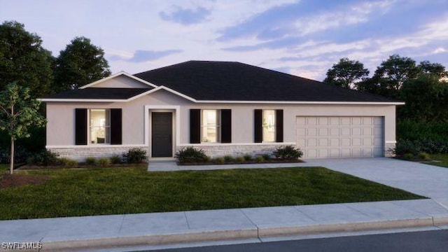 ranch-style home with stucco siding, concrete driveway, a front lawn, and a garage