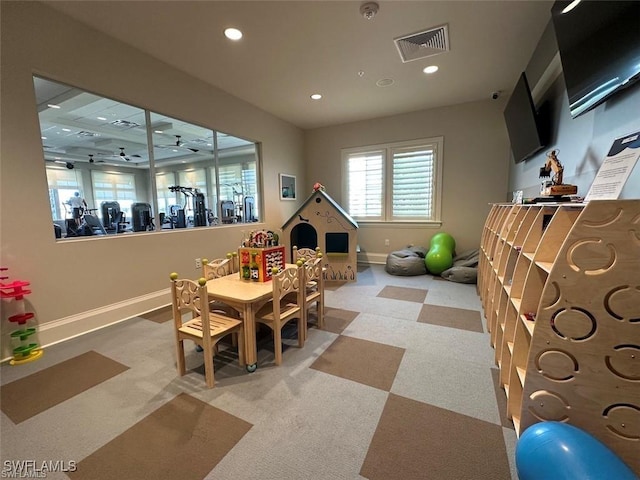 game room featuring recessed lighting, baseboards, visible vents, and carpet
