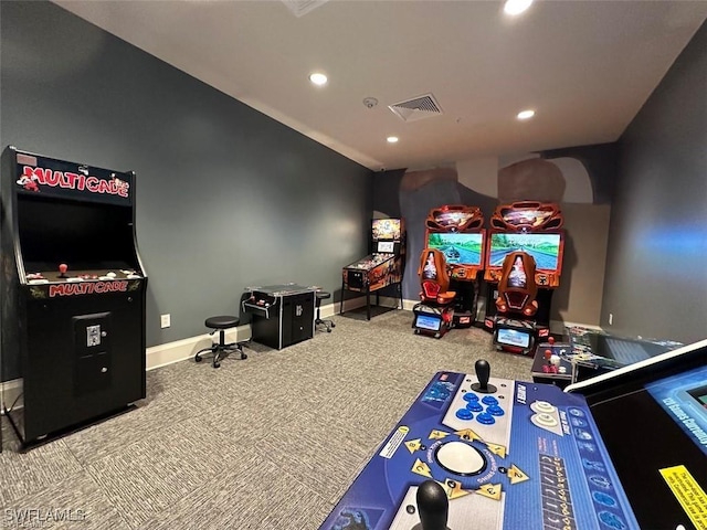 playroom with carpet floors, recessed lighting, baseboards, and visible vents