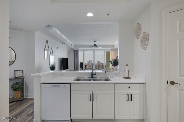 2743 1st St Unit 2001, Fort Myers, FL 33916 - kitchen with a ceiling fan, white dishwasher, a sink, white cabinets, and light wood finished floors