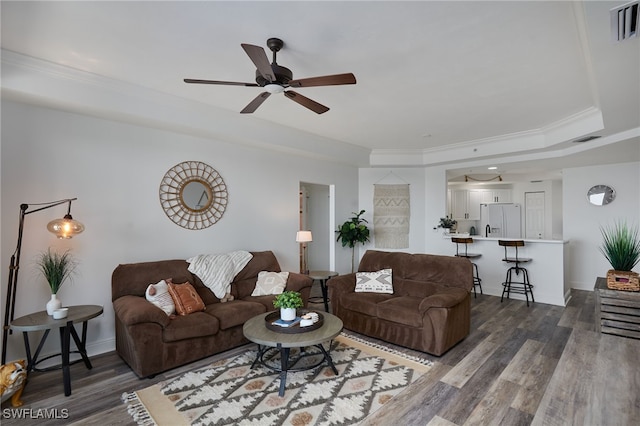 2743 1st St Unit 2001, Fort Myers, FL 33916 - living area featuring dark wood-style flooring, a ceiling fan, visible vents, and a raised ceiling