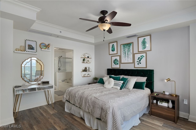 2743 1st St Unit 2001, Fort Myers, FL 33916 - bedroom featuring visible vents, crown molding, wood finished floors, a raised ceiling, and a ceiling fan