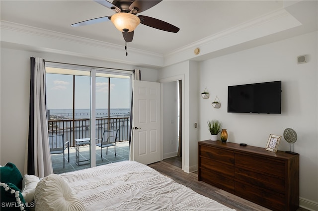 2743 1st St Unit 2001, Fort Myers, FL 33916 - bedroom featuring ceiling fan, access to exterior, baseboards, wood finished floors, and ornamental molding