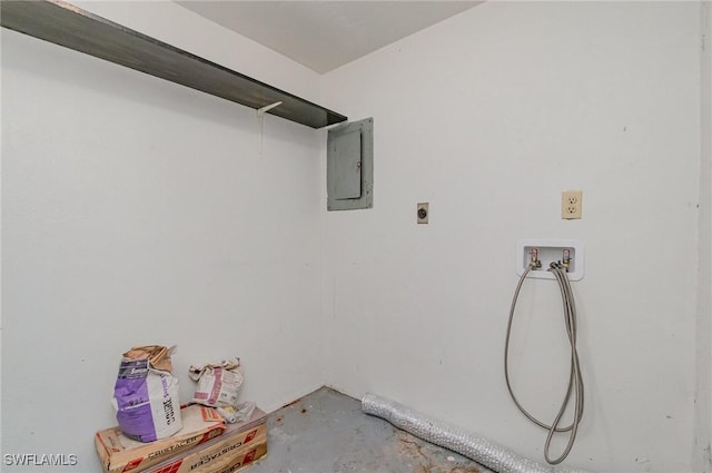 washroom with electric panel, laundry area, hookup for a washing machine, and electric dryer hookup