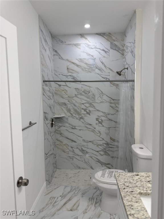 5249-5251 Centennial Blvd, Lehigh Acres, FL 33971 - bathroom featuring toilet, marble look tiles, a marble finish shower, vanity, and recessed lighting