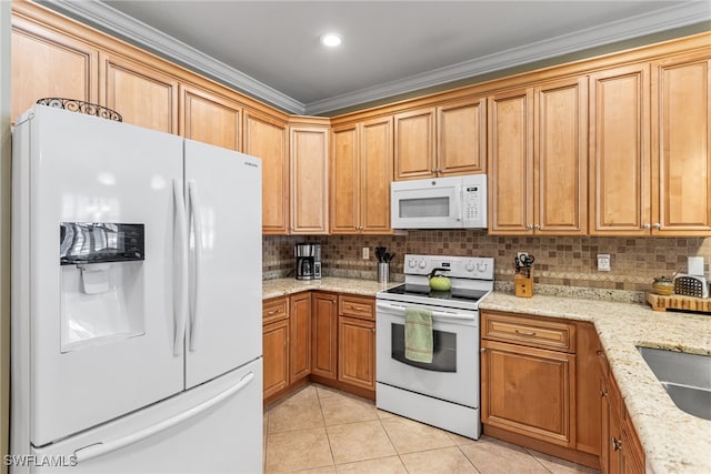 kitchen featuring white appliances, light tile patterned flooring, crown molding, and tasteful backsplash