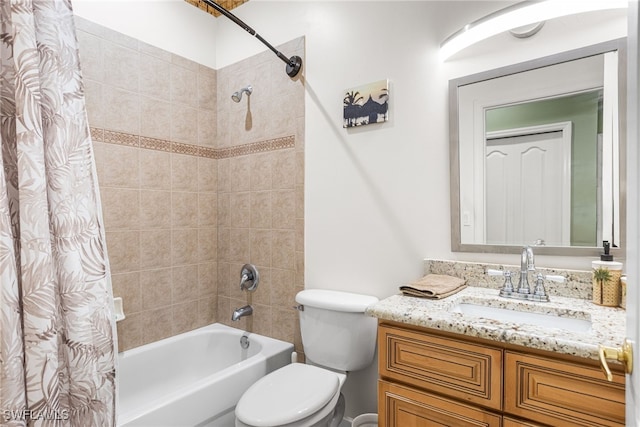 full bathroom with vanity, toilet, and shower / bathtub combination with curtain
