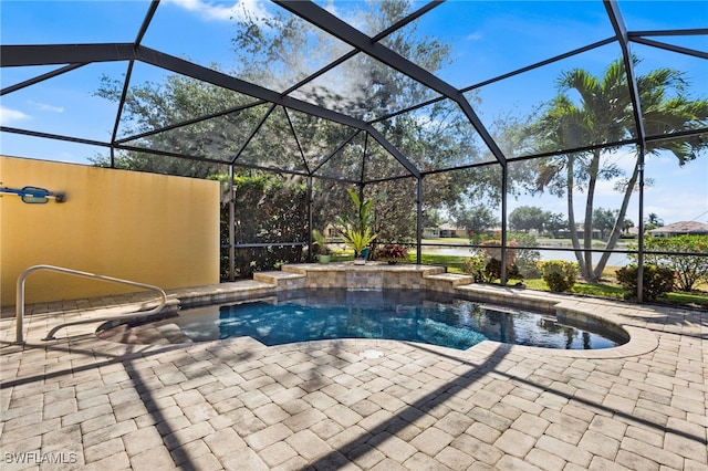 pool featuring a water view, a lanai, and a patio area
