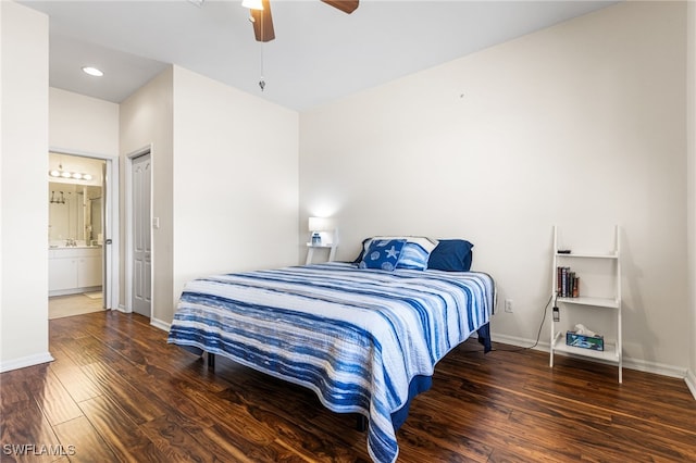 bedroom with wood finished floors, baseboards, recessed lighting, connected bathroom, and a ceiling fan