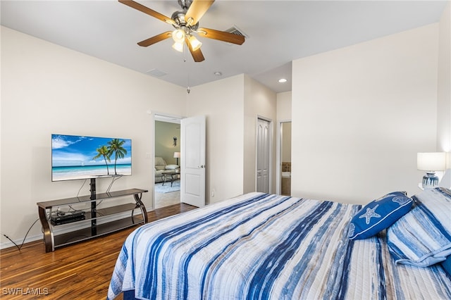 bedroom featuring ceiling fan, recessed lighting, wood finished floors, and visible vents
