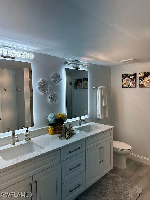 bathroom featuring a sink, double vanity, toilet, and wood finished floors