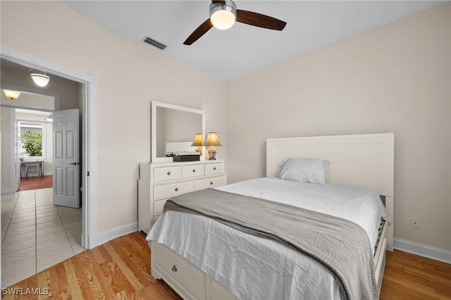 23125 Marsh Landing Blvd, Estero, FL 33928 - bedroom with visible vents, light wood-style flooring, baseboards, and a ceiling fan