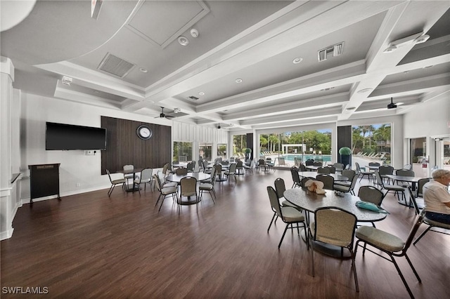 23125 Marsh Landing Blvd, Estero, FL 33928 - dining space with ceiling fan, a wealth of natural light, and coffered ceiling