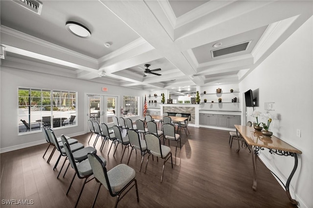 23125 Marsh Landing Blvd, Estero, FL 33928 - dining area with dark wood-style flooring, ceiling fan, beam ceiling, visible vents, and coffered ceiling