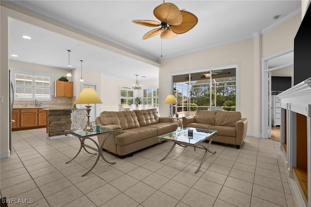 23125 Marsh Landing Blvd, Estero, FL 33928 - living room featuring crown molding, recessed lighting, light tile patterned floors, and ceiling fan with notable chandelier