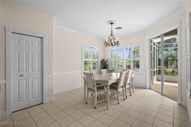 23125 Marsh Landing Blvd, Estero, FL 33928 - dining room featuring visible vents, crown molding, light tile patterned floors, baseboards, and a chandelier