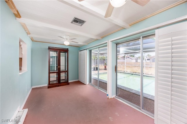 unfurnished sunroom with beamed ceiling, french doors, and visible vents