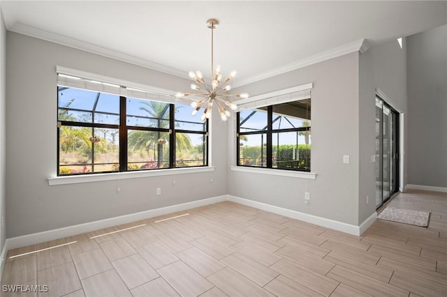 unfurnished room featuring baseboards, ornamental molding, and a healthy amount of sunlight