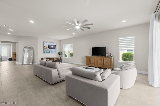 3419 Pilot Cir, Naples, FL 34120 - living room with a ceiling fan, baseboards, visible vents, and recessed lighting