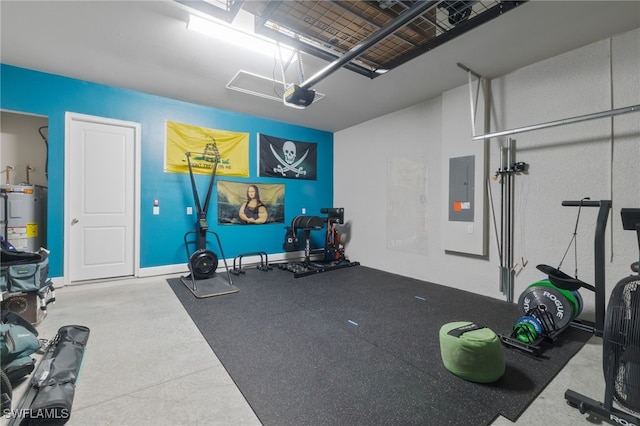 3419 Pilot Cir, Naples, FL 34120 - workout room featuring a garage, electric panel, and electric water heater
