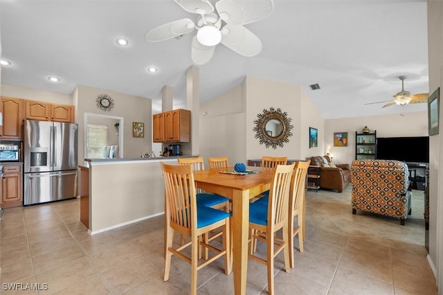 dining area featuring recessed lighting, light tile patterned floors, a ceiling fan, and vaulted ceiling