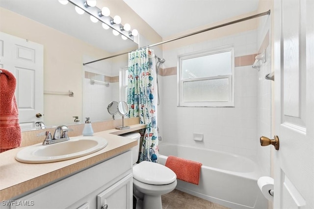 bathroom with shower / bath combo with shower curtain, tile patterned floors, toilet, and vanity