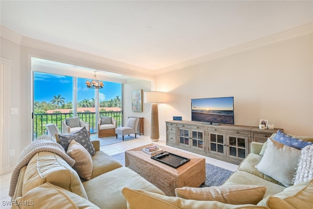 6549 Marissa Loop Unit 26, Naples, FL 34108 - living room featuring tile patterned flooring, ornamental molding, and a notable chandelier