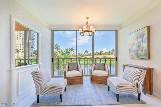 6549 Marissa Loop Unit 26, Naples, FL 34108 - interior space featuring crown molding, tile patterned floors, an inviting chandelier, and a healthy amount of sunlight