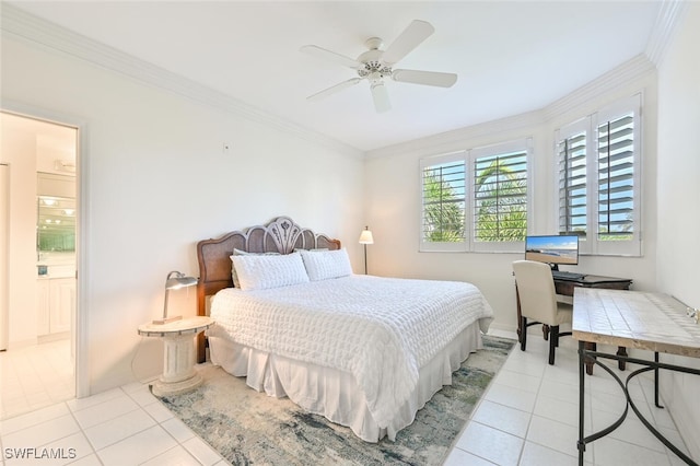 6549 Marissa Loop Unit 26, Naples, FL 34108 - bedroom featuring crown molding, a ceiling fan, light tile patterned flooring, and connected bathroom