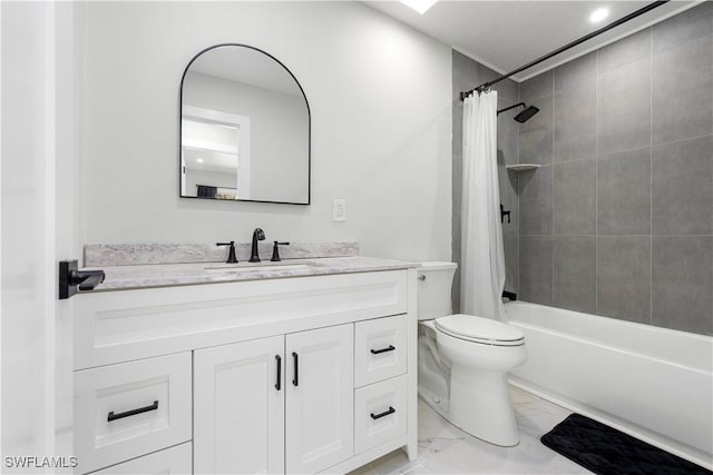 full bathroom with toilet, shower / bath combo, vanity, and marble finish floor