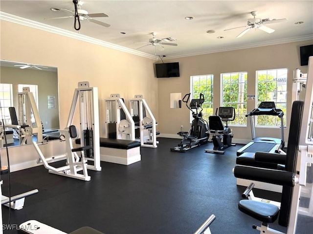 8687 River Homes Ln Unit 4107, Bonita Springs, FL 34135 - exercise room featuring crown molding, a ceiling fan, and baseboards