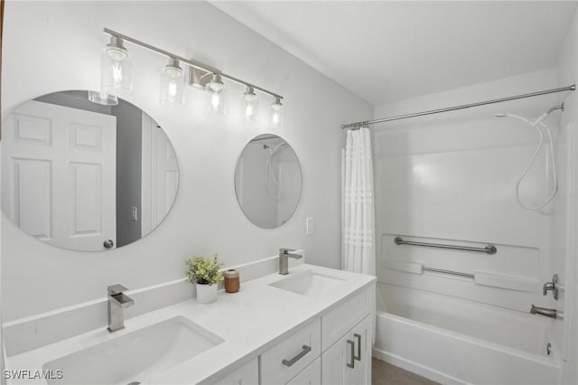 full bath with double vanity, a sink, and shower / bath combination with curtain