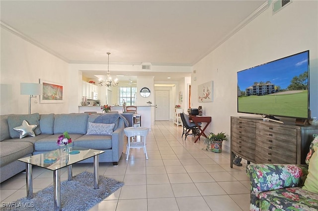 4690 Turnberry Lake Dr Unit 104, Estero, FL 33928 - living room with crown molding, light tile patterned flooring, a chandelier, and visible vents