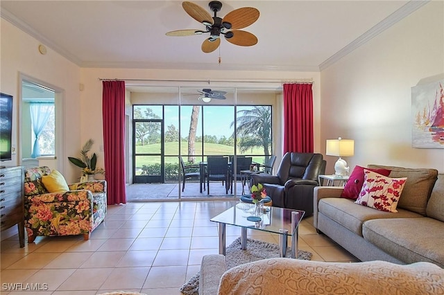 4690 Turnberry Lake Dr Unit 104, Estero, FL 33928 - living room featuring ceiling fan, ornamental molding, light tile patterned flooring, and a wealth of natural light