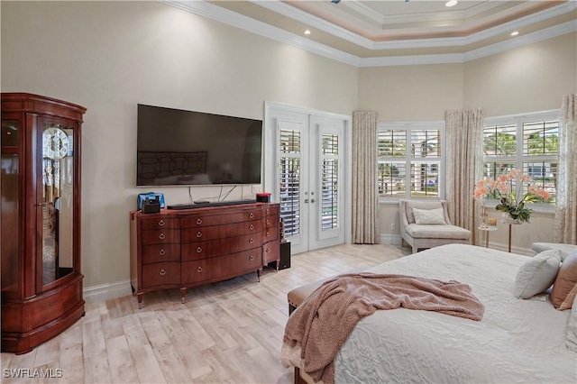 10371 Via Anacapri Ct, Miromar Lakes, FL 33913 - bedroom featuring access to outside, french doors, light wood-type flooring, and a high ceiling